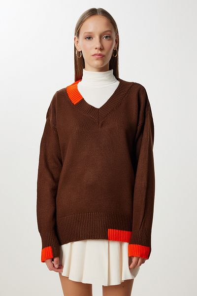 Happiness İstanbul Women's Brown Contrast Stripe Knitwear Sweater Nv00081