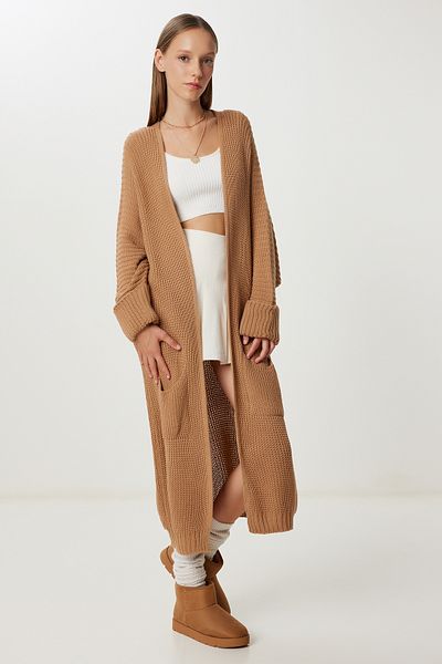 Happiness İstanbul Cardigan lung de tricotaj pentru femei Biscuit Pocket YG00108