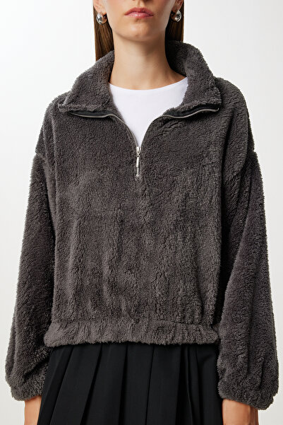 Happiness İstanbul Γυναικείο βελούδινο φούτερ με φερμουάρ Anthracite ZV00343