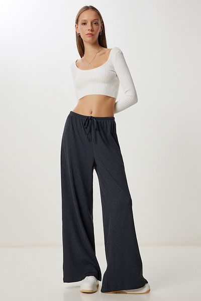 Happiness İstanbul Women's Anthracite Wide Leg Ribbed Knitted Trousers Ub00444