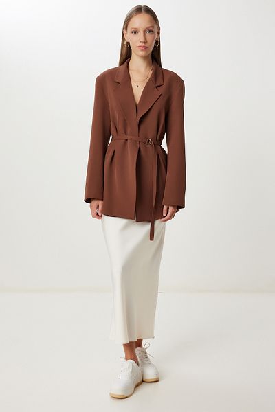 Happiness İstanbul Women's Brown Padded Belted Blazer Woven Jacket Kt00023