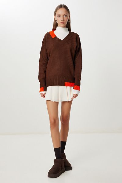 Happiness İstanbul Women's Brown Contrast Stripe Knitwear Sweater Nv00081