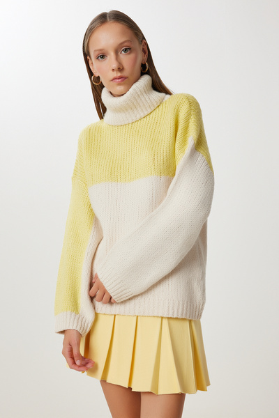 Happiness İstanbul Kadın Sarı Kemik Kontrast Renkli Oversize Triko Kazak NV00079