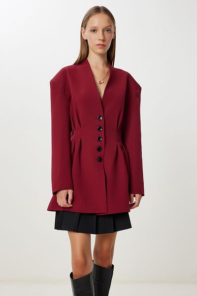 Happiness İstanbul Women's Burgundy Waist Fitted Padded Woven Jacket Kt00026