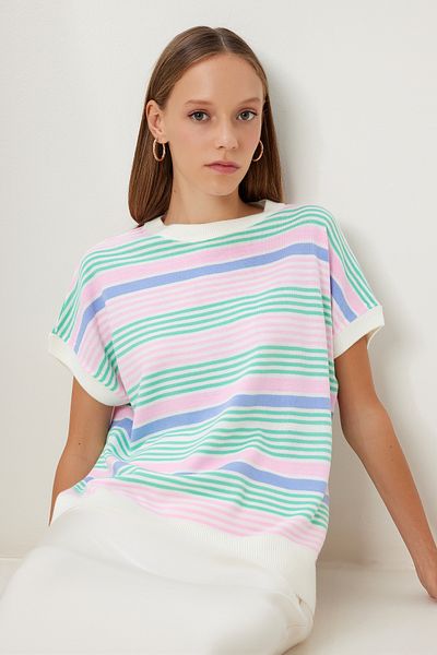Happiness İstanbul Women's Bone Pink Striped Knitwear Blouse Nv00083