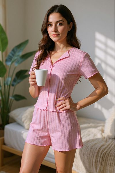 BELLA NOTTE Pink Cotton Shorts Bow Detailed Summer Pajama Set