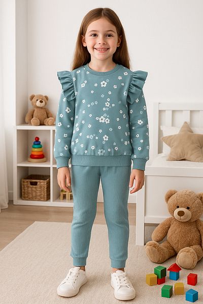 TRENDYOLKIDS Mint Slogan Cotton Top and Bottom Set - Tkdaw25Au00005