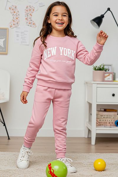 TRENDYOLKIDS Жіночий рожевий сезонний костюм тонкий гасло з принтом бавовна Orme TKDAW25AU00038