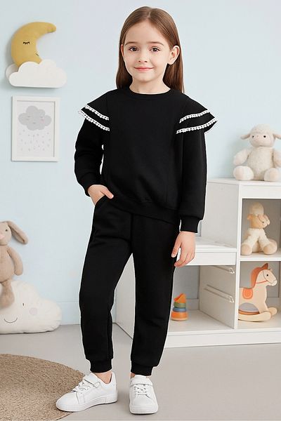 TRENDYOLKIDS Чорний жіночий сезонний світшот з оборкою Orme та комплект нижньої білизни Esofman TKDAW25AU00081