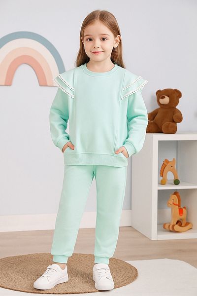 TRENDYOLKIDS Girl's Mint Knitted Set - Thin Ruffle Detail, Crew Neck Tkdaw25au00081