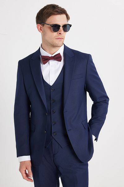 Tudors Men's Slim Fit Navy Blue Flexible Lycra Fabric Pointed Collar Vest Suit