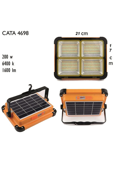 Cata Unichrome Güneş Enerjili Solar 200w Watt Led Projektör Taşınabilir Sarı Beyaz Ve Çakar Işık Lamba