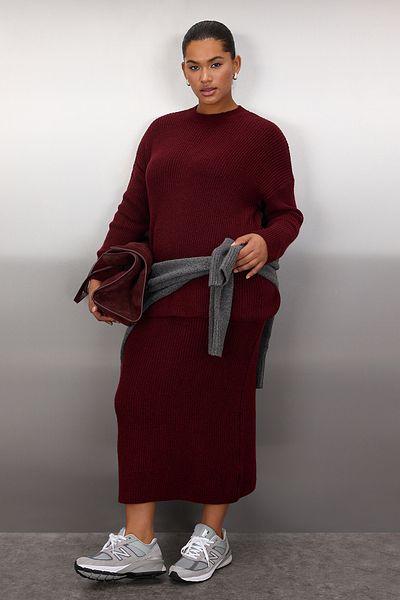 Trendyol Curve Set de tricotaje și pulover și pantaloni de jos și de sus, roșu Claret