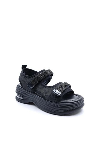 Guja Wedge Sole Stone Velcro Black Stylish Sports Women's Comfort Sandals