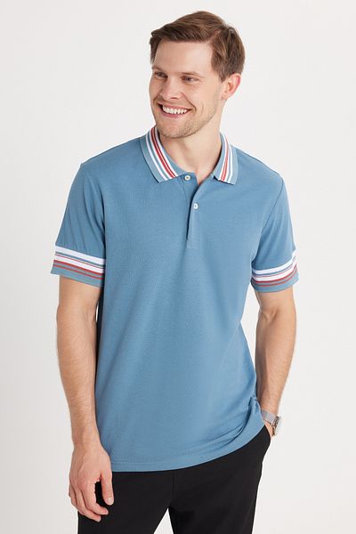 Tudors Tricou pentru bărbați, slim fit, 100% bumbac, cu guler și mâneci, cu detaliu de guler polo indigo
