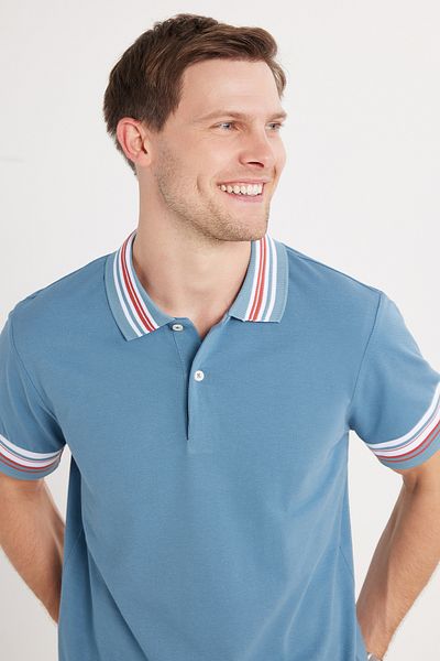 Tudors Tricou pentru bărbați, slim fit, 100% bumbac, cu guler și mâneci, cu detaliu de guler polo indigo