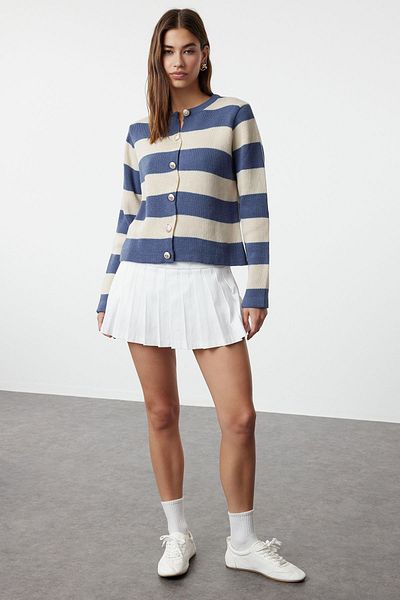 Trendyol Collection Плетена жилетка с индигови райета - вид на сако, Twoaw24Hi00091