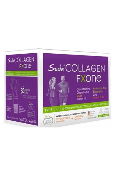 Suda Collagen Fxone Type I,II,III Fortigel,Tendoforte مع الكولاجين، صحة المفاصل والعظام والأنسجة الوعائية، مع التفاح 13gx30 كيس