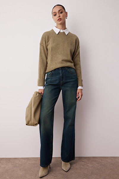 Trendyol Collection Sötétkék magas derekú széles szárú széles szárú farmer TWOAW25JE00095