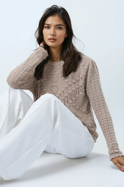 Trend Alaçatı Stili Women's Beige Crew Neck Embossed Motif Seasonal Knitwear Blouse Alc-X14329