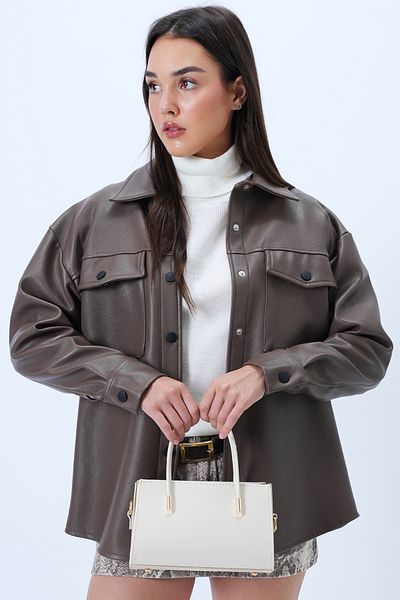 Trend Alaçatı Stili Damen-Hand- und Umhängetasche aus cremefarbenem Leder mit Goldzubehör und detailliertem Lederband ALC-X14354
