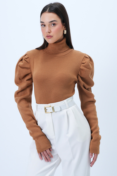Trend Alaçatı Stili Women's Cinnamon Brown Turtleneck Princess Sleeve Sweater Sweater Alc-X14291