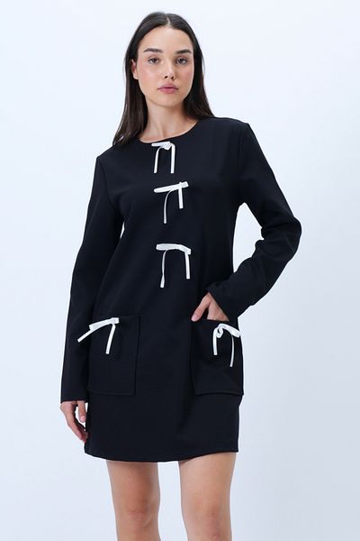 Trend Alaçatı Stili Women's Black Crew Neck Bow Detail Hidden Zipper Double Pocket Woven Dress Alc-X14298