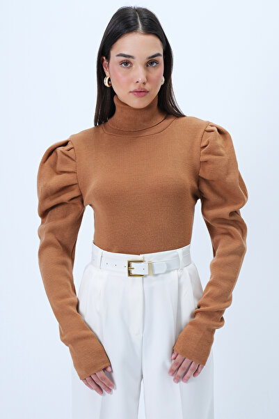 Trend Alaçatı Stili Women's Cinnamon Brown Turtleneck Princess Sleeve Sweater Sweater Alc-X14291