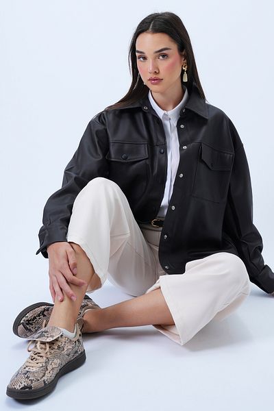 Trend Alaçatı Stili Women's Bitter Brown Double Pockets Snap Closure Hooded Faux Leather Oversized Shirt Jacket Alc-X14312