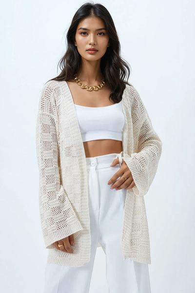 Trend Alaçatı Stili Kadın Vanilya V Yaka Ajurlu Mevsimlik Uzun Triko Hırka ALC-X14319