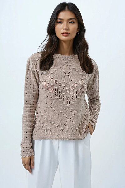Trend Alaçatı Stili Γυναικεία μπεζ μπλούζα πλεκτή με ανάγλυφο μοτίβο εποχιακής πλεκτής ALC-X14329