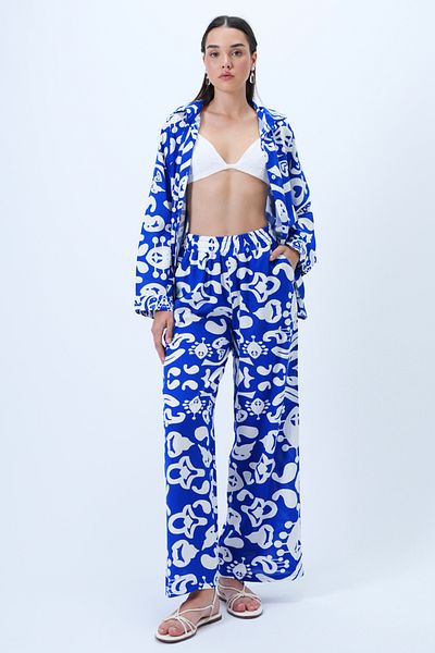 Trend Alaçatı Stili Women's Saks Patterned Woven Shirt and Double Pocket Palazzo Trousers Set Alc-X14297