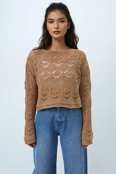Trend Alaçatı Stili Women's Cinnamon Brown Boat Neck Openwork Seasonal Knitwear Blouse Alc-X14330