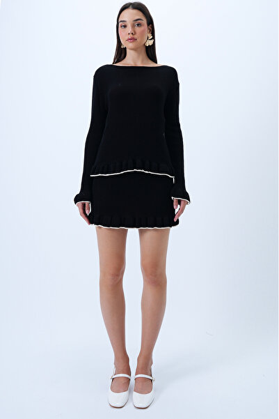 Trend Alaçatı Stili Women's Black Boat Neck Ruffle Detailed Knitwear Skirt and Blouse Set Alc-X14287