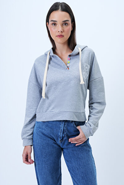 Trend Alaçatı Stili Women's Gray Hooded Teddy Bear Embroidered Colorful Buttoned Cotton Sweatshirt Alc-X14294