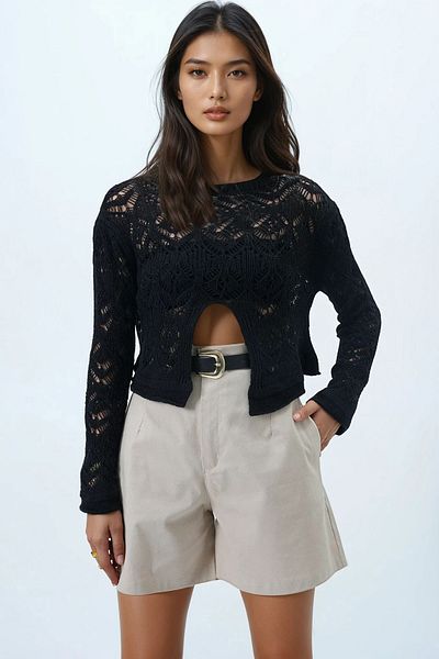 Trend Alaçatı Stili Women's Black Boat Neck Openwork Seasonal Knitwear Blouse Alc-X14330
