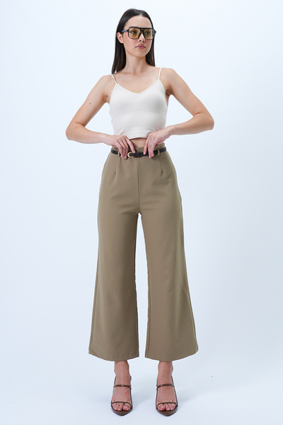 Trend Alaçatı Stili Women's Khaki Belt Detailed Hidden Zipper Pencil Woven Trousers Alc-X14323