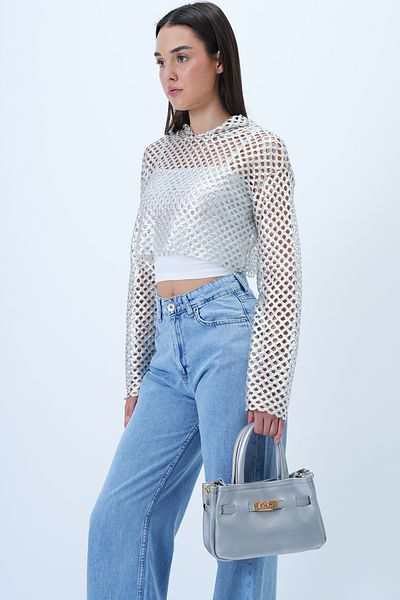 Trend Alaçatı Stili Graue Damen-Hand- und Umhängetasche mit abnehmbarem Riemen und Schnallendetail ALC-X14353
