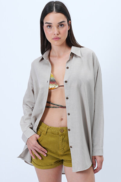 Trend Alaçatı Stili Women's Dark Beige Flam Linen Oversize Woven Shirt Alc-X14282
