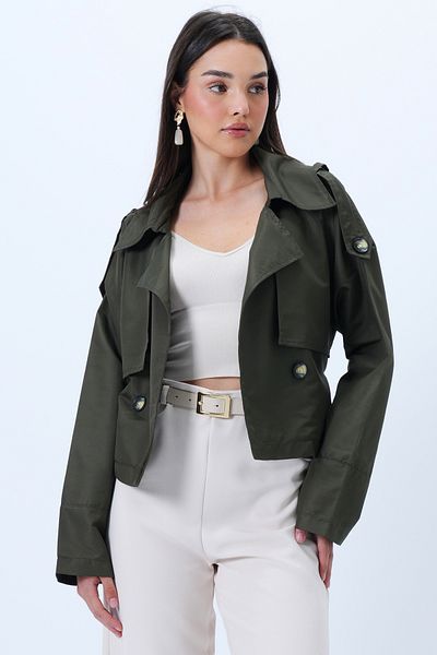 Trend Alaçatı Stili Women's Olive Green Short Seasonal Trench Coat with Belt Alc-X14313