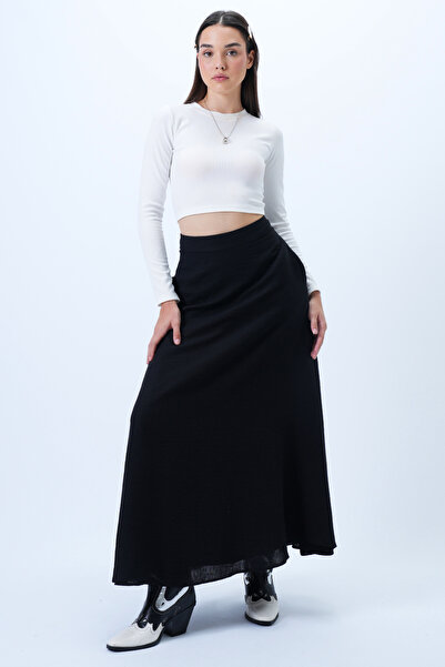Trend Alaçatı Stili Women's Black Lined Double Pocket Hidden Zipper Woven Flared Skirt Alc-X14327
