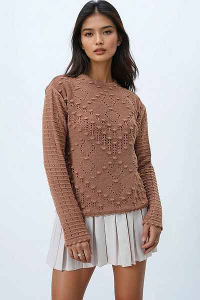 Trend Alaçatı Stili Women's Cinnamon Brown Crew Neck Embossed Motif Seasonal Knitwear Blouse Alc-X14329