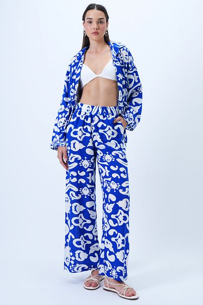 Trend Alaçatı Stili Women's Saks Patterned Woven Shirt and Double Pocket Palazzo Trousers Set Alc-X14297