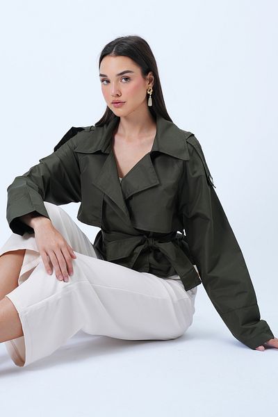 Trend Alaçatı Stili Women's Olive Green Short Seasonal Trench Coat with Belt Alc-X14313