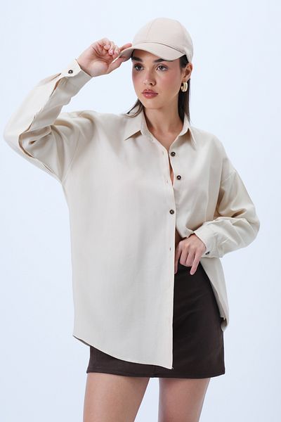 Trend Alaçatı Stili Women's Beige Oversize Woven Shirt Alc-X14283