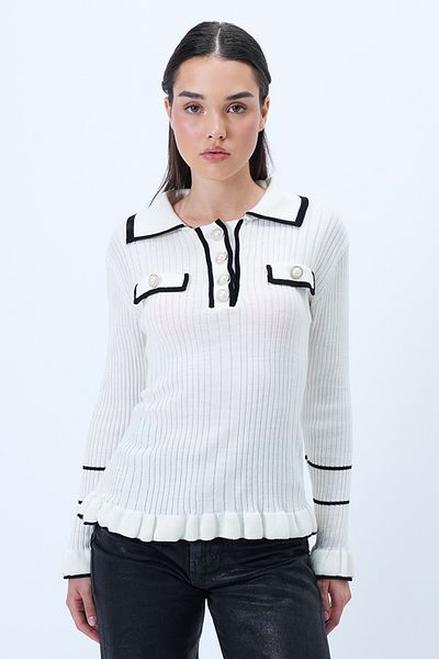 Trend Alaçatı Stili Women's Ecru Polo Neck Button Detailed Knitwear Blouse Alc-X14289