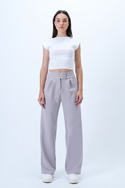 Trend Alaçatı Stili Women's Gray High Waist Pleated Zippered Palazzo Woven Trousers Alc-X14307