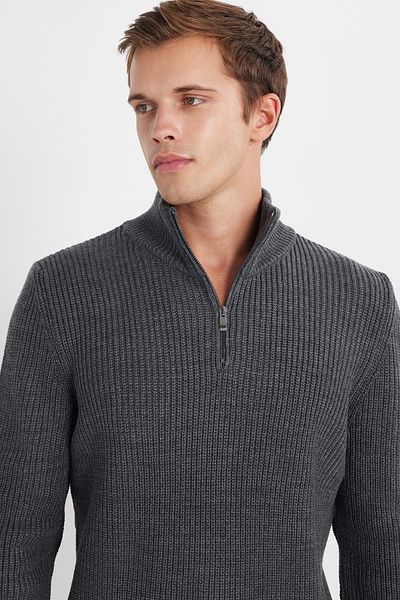 Tudors Men's Slim Fit Slim Fit Zippered Gray Stand Collar Knitwear Sweater
