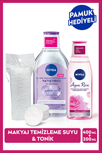 NIVEA Yatıştırıcı Micellar Makyaj Temizleme Suyu 400ml Ve Aqua Rose Nemlendirici Tonik 200ml, Pamuk Hediye