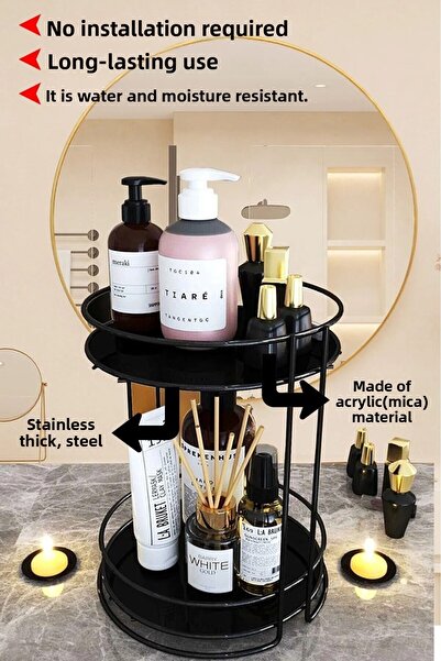 Sas Haus منظم مجوهرات مستحضرات التجميل للحمام، منظم متعدد الأغراض مكون من طبقتين، صينية تقديم تقديم تقديم الطعام باللون الأسود